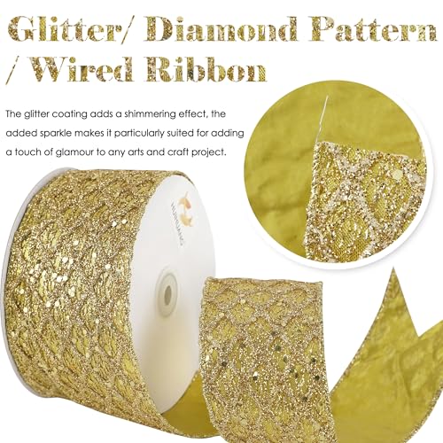 Glitter Gold Diamond Christmas Wired Ribbon 2.5 inch x 10 Yards (30 Foot)