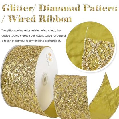 Glitter Gold Diamond Christmas Wired Ribbon 2.5 inch x 10 Yards (30 Foot)