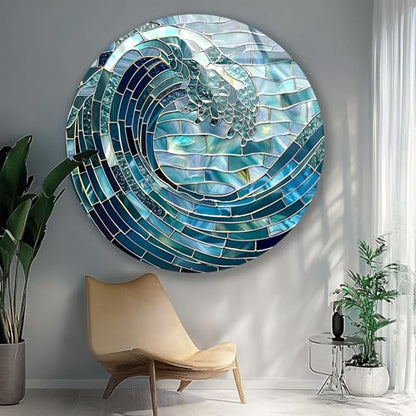 20''(50cm) Diameter Ocean Wave in Blue Mosaic Round Glass Wall Art Tempered Glass Printing Wall Decor Large Wall Art Wall Hangings