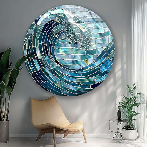 10''(25cm) Diameter Ocean Wave in Blue Mosaic Round Glass Wall Art Tempered Glass Printing Wall Decor Large Wall Art Wall Hangings
