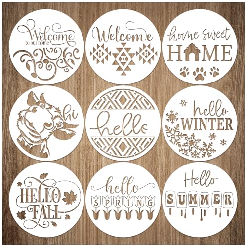 9 Pcs Welcome Stencils for Painting on Wood Reusable Round Home Sweet Home Stencil Large Hello Fall Templates for Door Hanger Canvas DIY Crafts (9 Count)