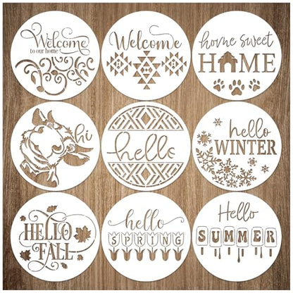 9 Pcs Welcome Stencils for Painting on Wood Reusable Round Home Sweet Home Stencil Large Hello Fall Templates for Door Hanger Canvas DIY Crafts (9 Count)