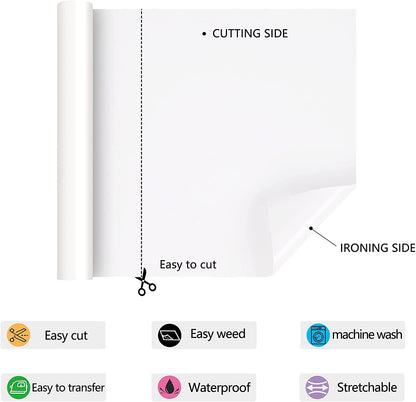 HTV Iron on Vinyl 12Inch by 12ft Roll Heat Transfer Vinyl for T-Shirt HTV Vinyl Rolls for All Cutter Machine - Easy to Cut & Weed for Heat Transfer Design (12ft, White)