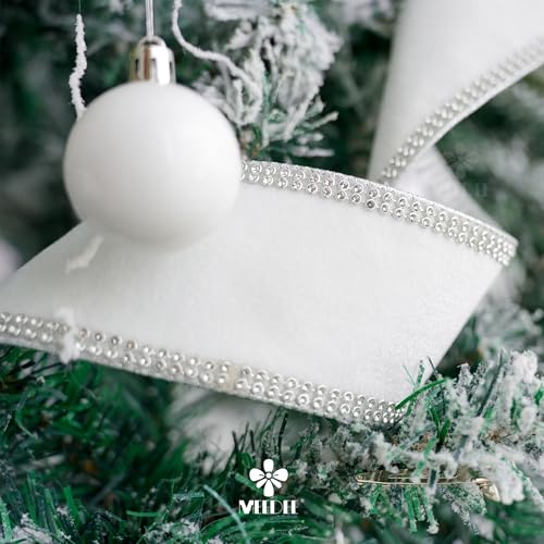 White Velvet with Rhinstone Edge Wired Ribbon 2.5 Inch Luxury Jeweled Ribbon 5 Yards Sparkling Rhinestone Trim for Christmas Tree (15 Foot)