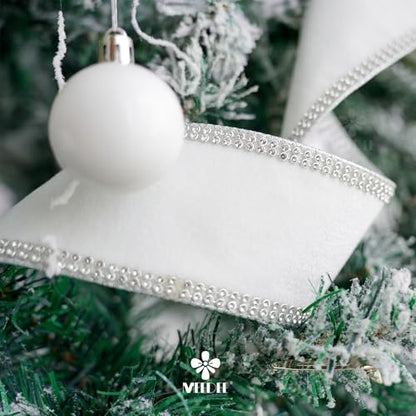 White Velvet with Rhinstone Edge Wired Ribbon 2.5 Inch Luxury Jeweled Ribbon 5 Yards Sparkling Rhinestone Trim for Christmas Tree (15 Foot)