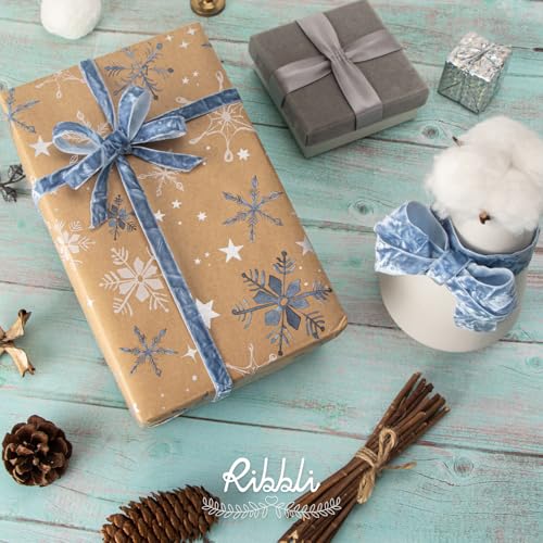 Dusty Blue Velvet Ribbon 1 Inches Luxury Crinkled Blue Christmas Ribbon for Gift Wrapping Crafts Home Decor