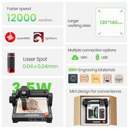 RAY5 Laser Engraver 3500mW High Precision 0.04 * 0.04mm Mini Laser Cutter and Engraving Machine 130x140mm Working Area for Wood Metal Acrylic Glass