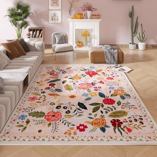Living Room Rug 6x9 Rug Machine Washable Boho Area Rug Non Slip Floral Vintage Low Pile Large Rug for Living Room
