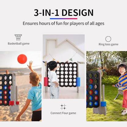 Giant 4-in-a-Row Game with Carry Bag, 3-in-1 Jumbo 4-to-Score Outdoor Yard Game with Basketball Hoop, Ring Toss, Quick-Release Slider, 42 Rings, Family Party Game for Kids & Adults