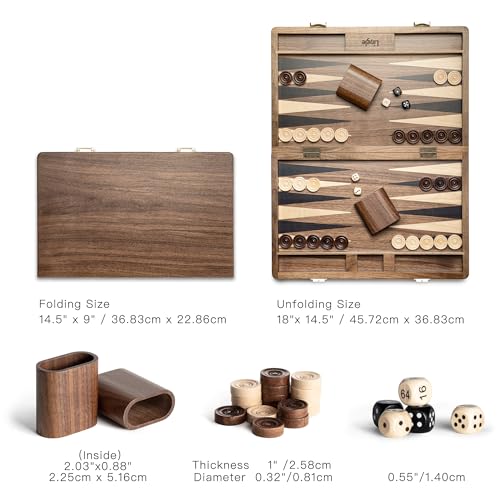 14.5” Premium Natural Walnut Folding Backgammon Sets for Adults and Kids