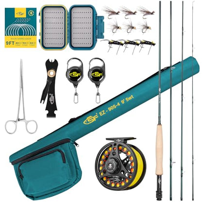 5WT 9FT Fly Fishing Rod Combo Starter Kit 4 Piece Semi Gloss Green Jade Finish 24T Carbon Fiber Trout Travel Fly Rod with Reel