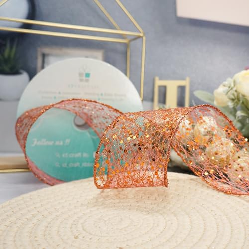 Sparkling Glitter Mesh Wired Ribbon 2.5" x 20 Yards Bronze Orange for Christmas Home Decor Bow Gift Wrapping DIY Crafts Wreath (60 Foot)