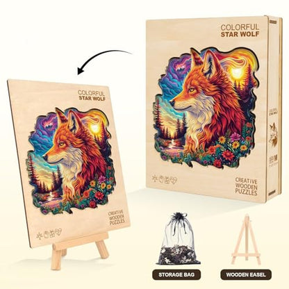 Colorful Star Wolf Puzzles Adults Gifts for Women Men Wooden 100 Pieces 8.5 * 8.5in