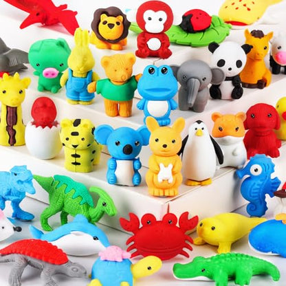 36Pcs Animal Erasers Kids Desk Pets Pencil Erasers 3D Puzzle Bulk Mini Animal Eraser Toys Fun Cute Eraser for Classroom Rewards (36 Count)