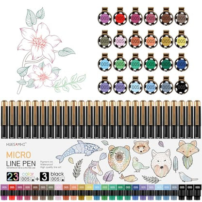 005 Micro Pen 23 Colors and 3 Black 0.20mm FineLiner Pens for Art Waterproof Ink Fine Tip Illustration Sketching (26 Count)