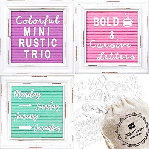 Mini Rustic Felt Letter Board Farmhouse Trio Changeable Message Boards by Felt Creative Home Goods Vintage Style Frames 3 Pack Bundle White Letter Set with Cursive Months Days