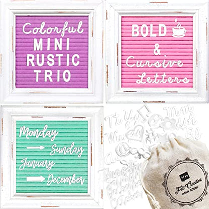Mini Rustic Felt Letter Board Farmhouse Trio Changeable Message Boards by Felt Creative Home Goods Vintage Style Frames 3 Pack Bundle White Letter Set with Cursive Months Days