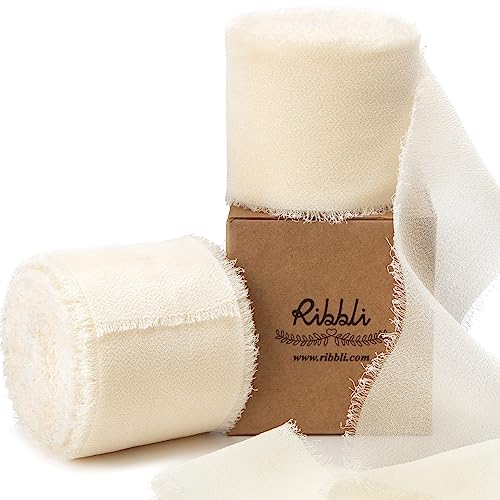 Ivory Chiffon Ribbon 2 Inch x 20 Yard Handmade Fringe Chiffon Silk Ribbon Ivory Ribbon for Gifts Wrapping (60 Foot)