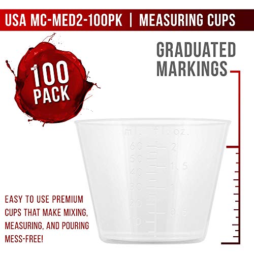 2 Oz (60 ml) Liquid Measuring Cups, 100 Pack with 25 Sticks