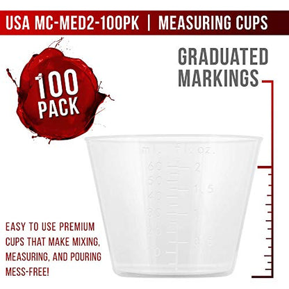 2 Oz (60 ml) Liquid Measuring Cups, 100 Pack with 25 Sticks