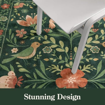 Washable Floral 5x7 Green Area Rug for Living Room (35 Sq Ft)