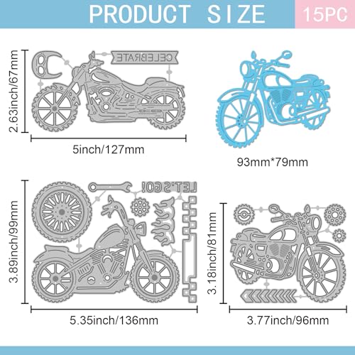 Motorcycle Cutting Dies for Card Making Repair Tools Die Cuts Tires Gears Metal Border Die Cut Dies Stencils for DIY Scrapbooking Embossing Photo Album Craft Decor (15 Count)