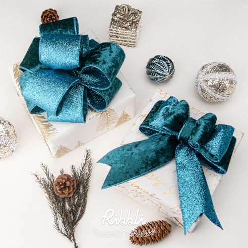 Turquoise Blue Velvet Wired Ribbon 2.5 Inch Teal Velvet with Turquoise Blue Glitter Christmas Ribbon for Christmas Tree Decoration Big Bow Gift Wrapping Crafts Wreaths Supplies (30 Foot)