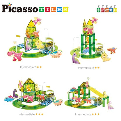 Dinosaur Magnetic Tiles Racecar Track with 8 Magnet Tile Dino Toys 2 Cars Street Sign Accessory Kit Construction Building Blocks Educational Picasso Toy for Kids Ages 3 and up PTR02 (89 Count)