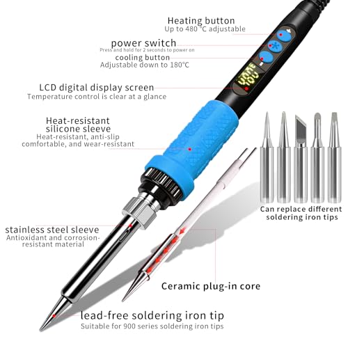 909A 90W Blue Soldering Iron Kit with LED Display & Ceramic Heater