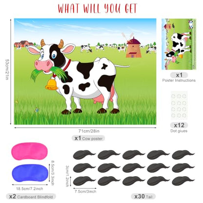 Pin The Tail on The Cow Game with 30 Tail Stickers for Farm Birthday Supplies Pin Game