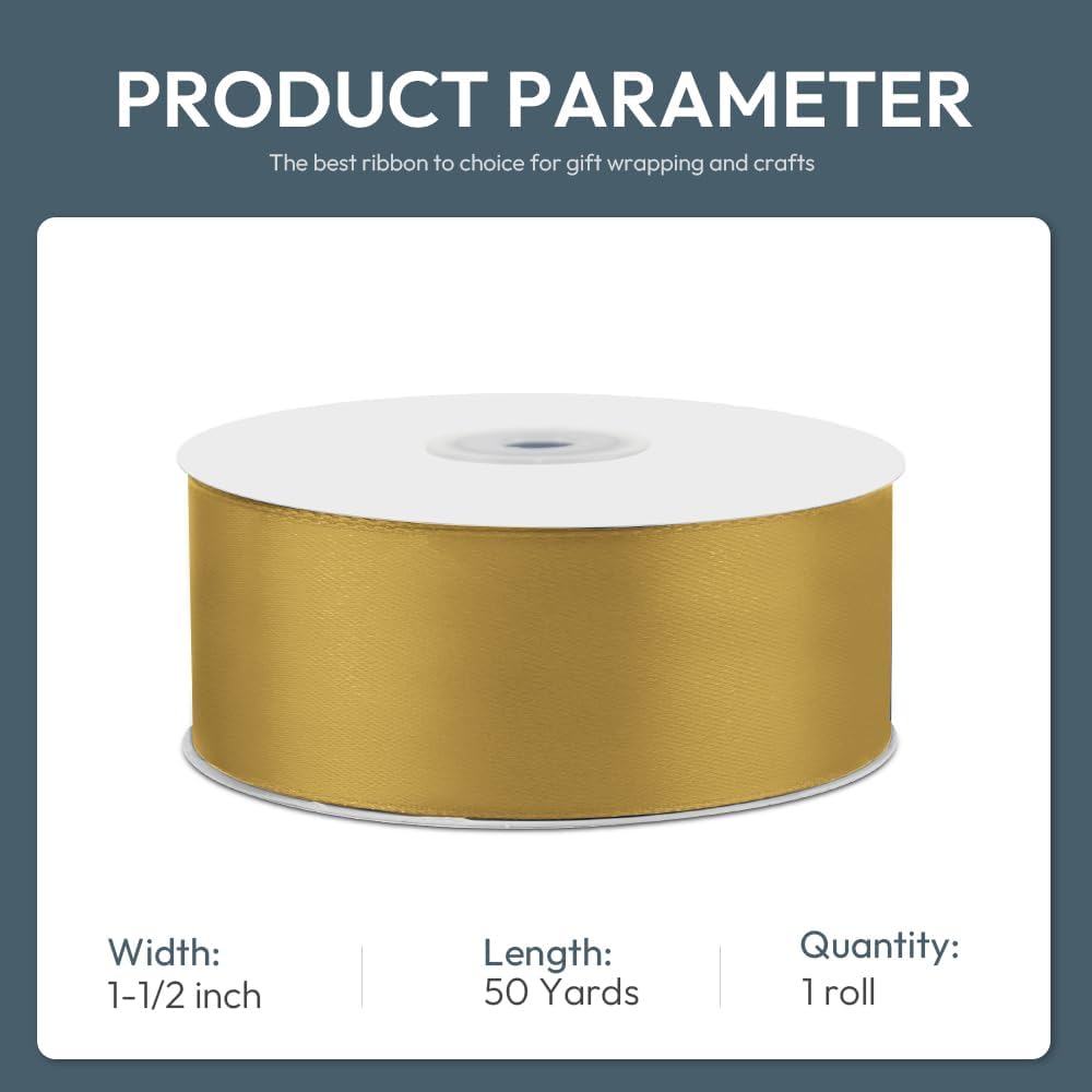 KMER LIFE 1-1/2" Wide x 50 Yards Golden Single Faced Polyester Satin Ribbon, Golden Satin Ribbon Perfect for Wedding Decor, Wreath, Crafts, Gift Wrapping & Other Projects (Golden) - Crafty Corner