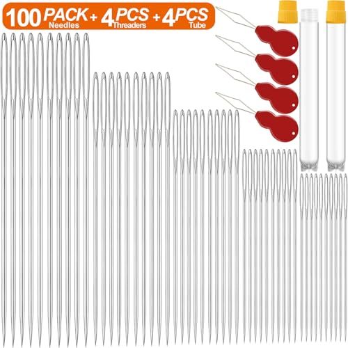 100 Pack Premium Large Eye Needles for Hand Sewing with Needle Threaders (100 Count)
