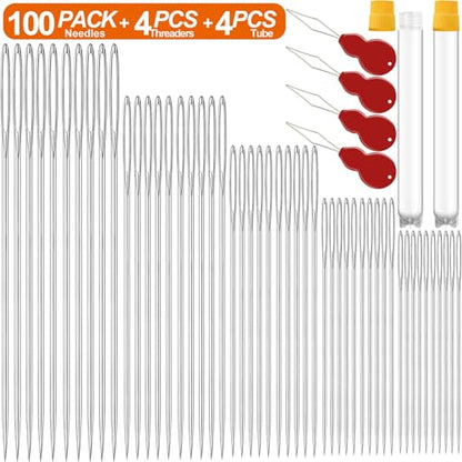 100 Pack Premium Large Eye Needles for Hand Sewing with Needle Threaders (100 Count)