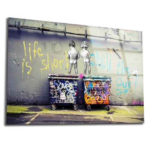 Banksy Peeing Boys Life Is Short Printed Tempered Glass Wall Art Painting for Living Room