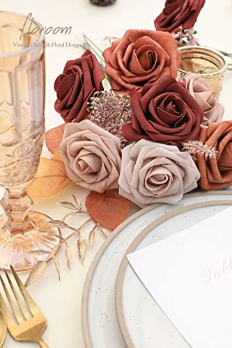 Artificial Flowers 25pcs Real Looking Terracotta Ombre Colors Foam Fake Roses with Stems for DIY Wedding Bouquets Bridal Shower Floral Centerpieces Party Tables Home Decorations (25 Count)