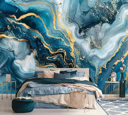 Blue and Gold Marble Wallpaper Abstract Art wall murals for Bedroom 159"x107"