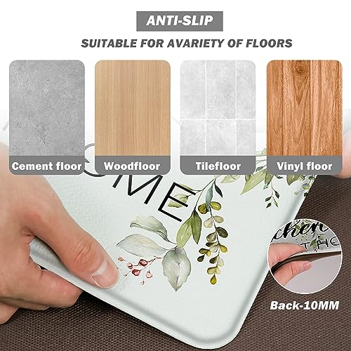 Green Kitchen Rug Anti Fatigue Mats for Kitchen Floor Kitchen Rugs Sage Green Floral Herb Memory Foam Kitchen Mat Cushioned PVC Leather Kitchen Rug Set