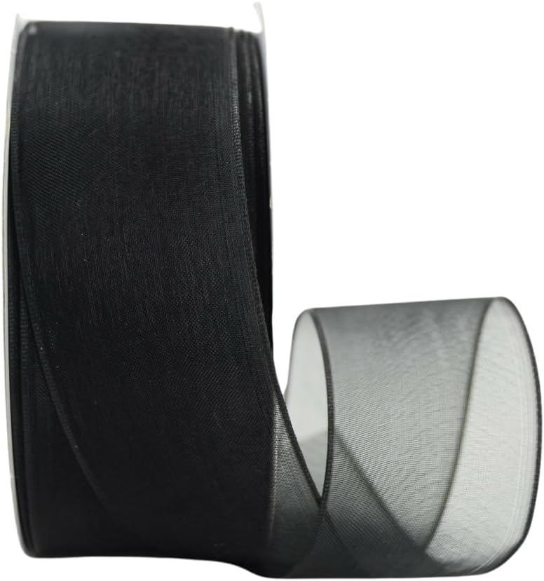 Ribbon Bazaar Sheer Organza Wired Ribbon - 100% Polyester Wire Edged Ribbon for Floral Decor, Table Arrangements, Apparel Embellishment & More - 1-1/2" Black 25yd - Crafty Corner