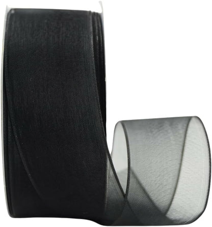 Ribbon Bazaar Sheer Organza Wired Ribbon - 100% Polyester Wire Edged Ribbon for Floral Decor, Table Arrangements, Apparel Embellishment & More - 1-1/2" Black 25yd - Crafty Corner