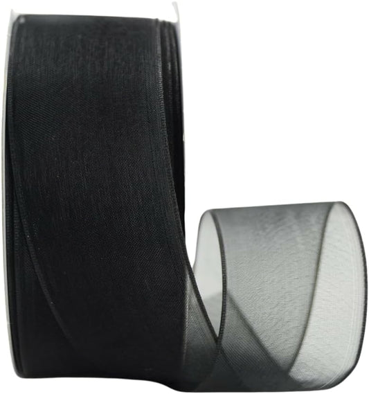 Ribbon Bazaar Sheer Organza Wired Ribbon - 100% Polyester Wire Edged Ribbon for Floral Decor, Table Arrangements, Apparel Embellishment & More - 1-1/2" Black 25yd - Crafty Corner