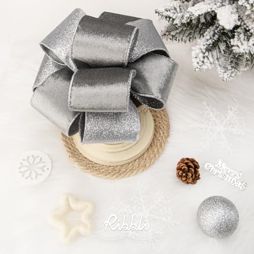 Silver Velvet Wired Ribbon 2.5 Inch Silver Velvet with Silver Glitter Christmas Ribbon for Christmas Tree Decoration Big Bow Gift Wrapping Crafts Wreaths Supplies (30 Foot)