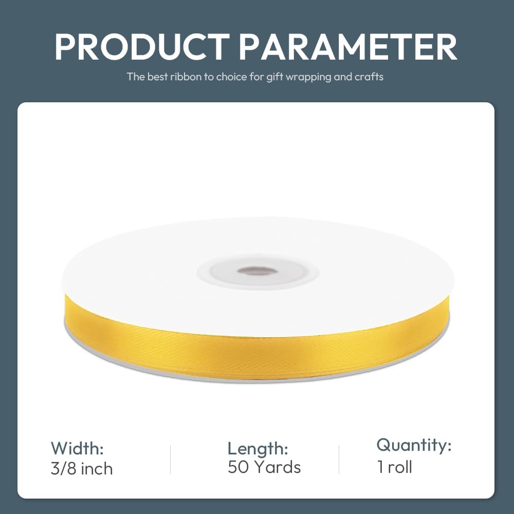 KMER LIFE 3/8" Wide x 50 Yards Yellow Single Faced Polyester Satin Ribbon, Yellow Satin Ribbon Perfect for Wedding Decor, Wreath, Crafts, Gift Wrapping & Other Projects (Yellow) - Crafty Corner