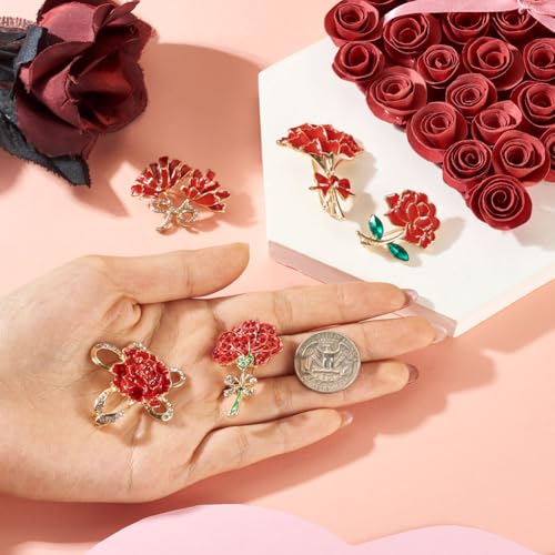 Beadthoven 5Pcs Red Flower Brooches Rose Flower Enamel Pins 3D Floral Alloy Crystal Rhinestone Brooch Metal Lapel Badge Pins for Valentine's Day Holiday Halloween Birthday Jewelry (5 Count)