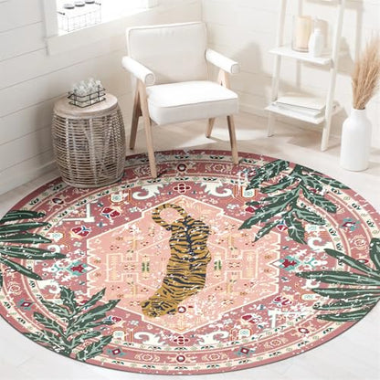 Washable Pink Rugs Thin Oriental Boho Vintage Cute Tropical Leopard 5ft Round Area Rugs for Bedroom Kitchen Dining Living Room Office Indoor Entryway Distressed Nursery Circle Carpet (19.67 Sq Ft)