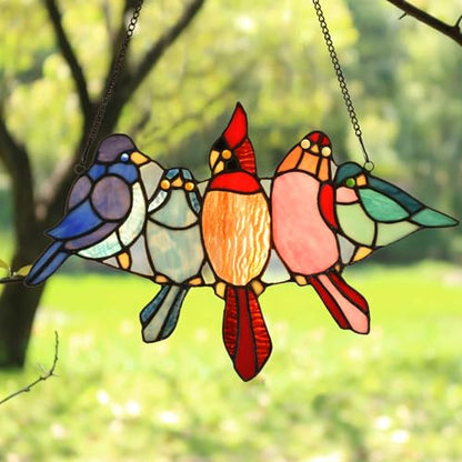 PA0011 Tropical Birds on The Wire Stained Glass Window Panel Tiffany Style Hangings Suncacher with Chain