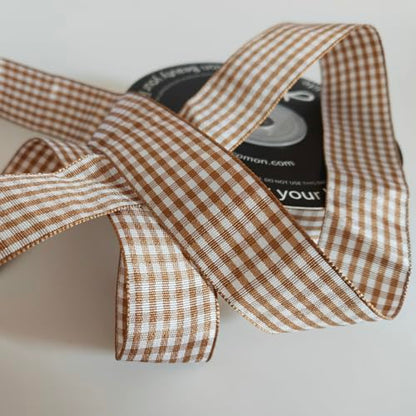 Khaki and White Woven Edge Plaid Checkered Bufflo Ribbon 100% Polyester Gingham Ribbon 25 Yards Each Roll (75 Foot)