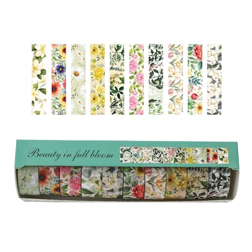 10 Rolls Blooming Flowers Washi Tape Set Floral Arts Adhesive Tapes Colorful Garden Decorative Masking Tape Sets for Craft (10 Count)