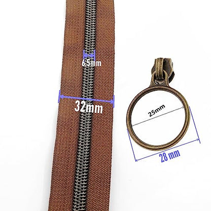 5 Antique Brass Metallic Nylon Coil Zippers by the Yard Bulk 10 Yards with Ring Pulls