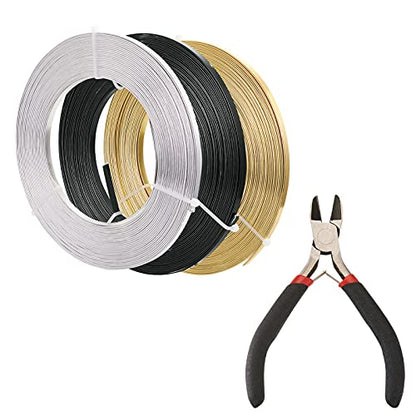 98Ft 3 Colors Aluminum Flat Wire 5mm Wide Bendable Metal Craft Wire Strip 18 Gauge with Side Cutting Plier for Bezel Sculpting Armature Jewelry Making Gem Metal Wrap