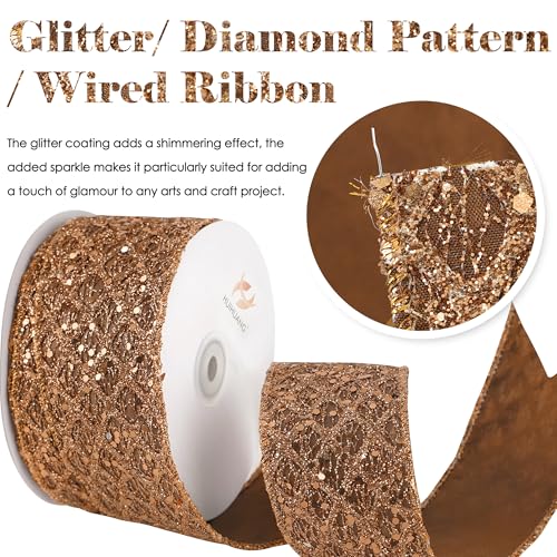 Glitter Copper Diamond Wired Christmas Ribbon 2.5 inch x 10 Yards (30 Foot)